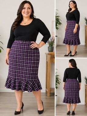 Messini Woman’s Purple Plaid Ruffle Hem Skirt Size XL NWT